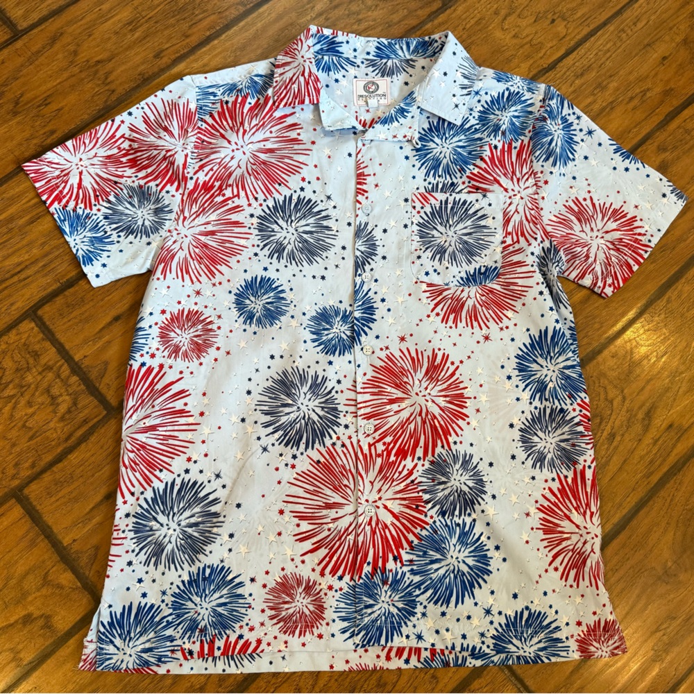 One Resolution Fireworks shirt mens M button up polo 4th of July red blue summer